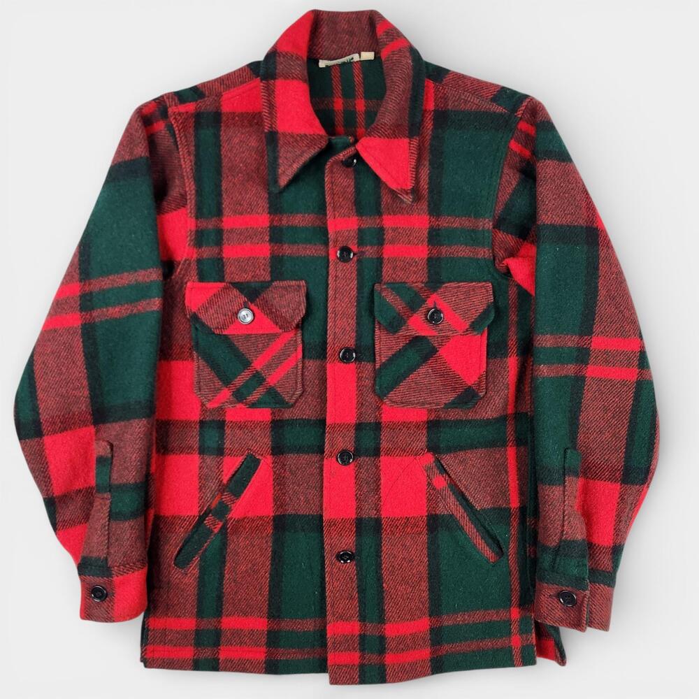 Vintage LL Bean Wool Jacket Mens Small Red Green Plaid Hunting Field Coat Script